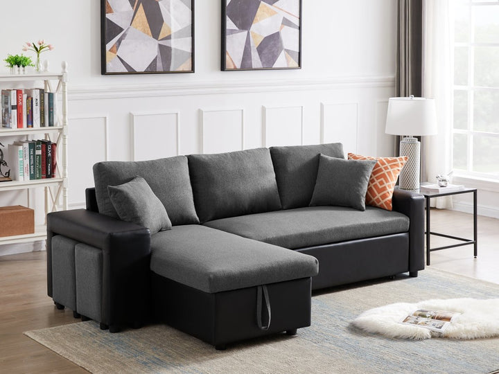 Artemax 92.5“Linen Reversible Sleeper Sectional Sofa with storage and 2 stools Steel GrayDTYStore