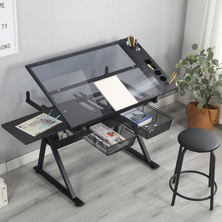 black adjustable tempered glass drafting printing table with chairDTYStore