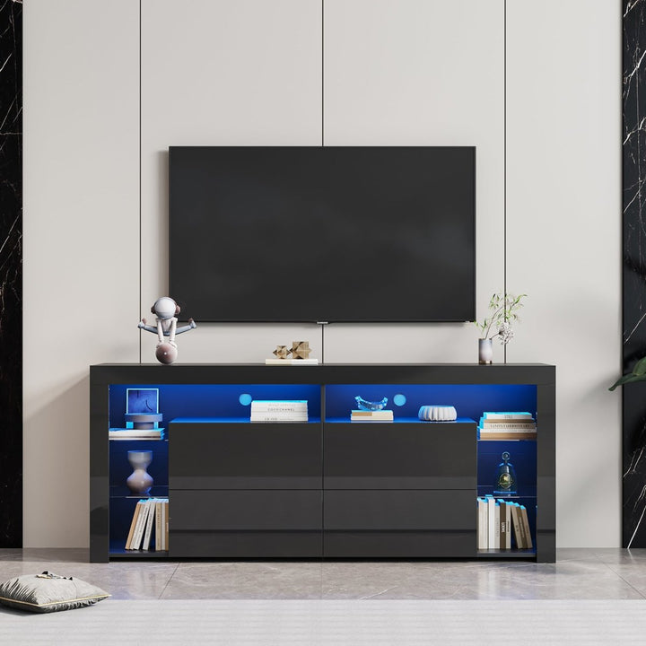 Black Modern contracted LED TV Cabinet with Storage Drawers，4 Storage Cabinet with Open Shelves for Living Room BedroomDTYStore