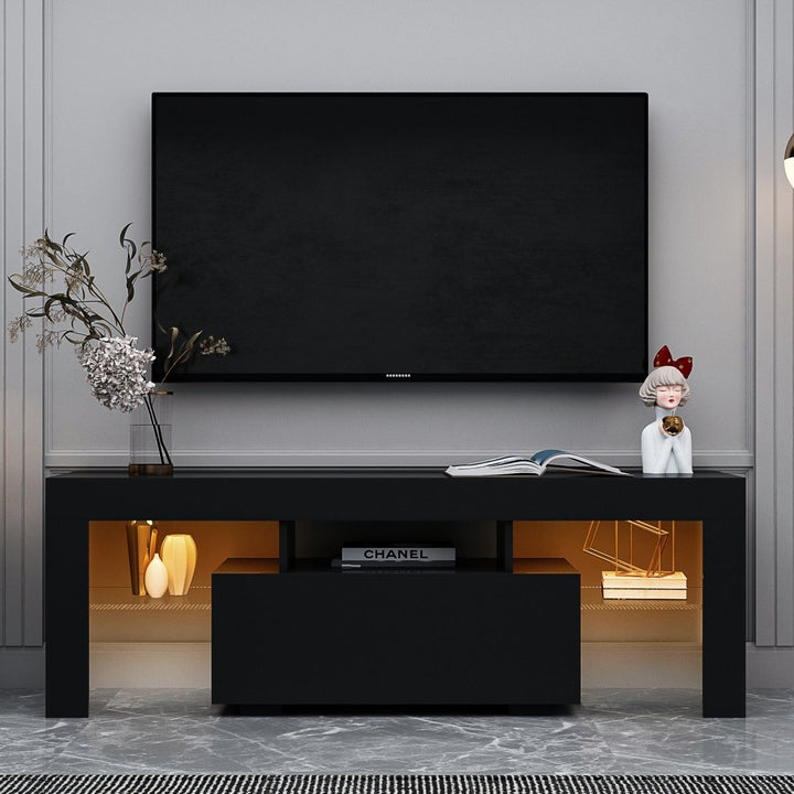 Black TV Stand with LED RGB Lights,Flat Screen TV Cabinet, Gaming Consoles - in Lounge Room, Living Room and Bedroom(Black)DTYStore
