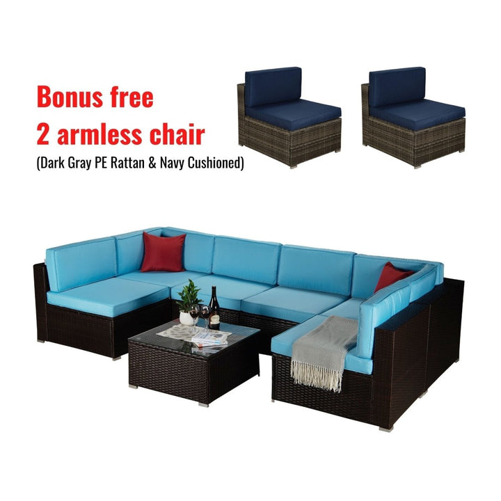 [Bonus 2 Armless Chair] Outdoor Garden Patio Furniture 9-Piece Brown PE Rattan Wicker Sectional Blue Cushioned Sofa SetsDTYStore