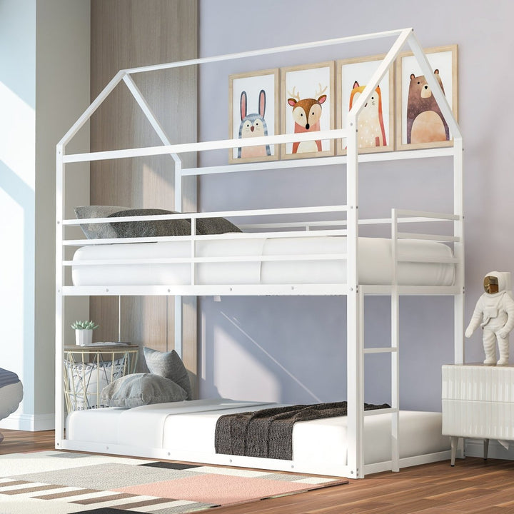 Bunk Beds for Kids Twin over Twin,House Bunk Bed Metal Bed Frame Built-in Ladder,No Box Spring Needed WhiteDTYStore
