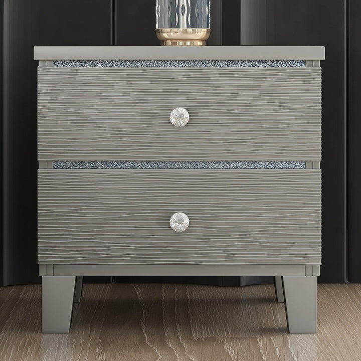 Champagne Silver Rubber Wood Nightstand Side table with 2 Drawers Metal Slides Crystal HandleDTYStore