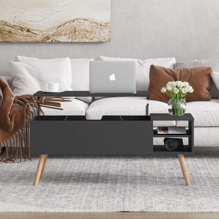 Coffee table, computer table, black, solid wood leg rest, large storage space, can be raised and lowered desktopDTYStore