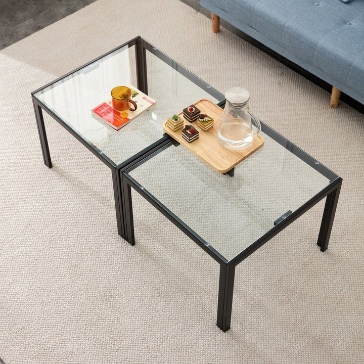 Coffee Table Set of 2, Square Modern Table with Tempered Glass Finish for Living Room,TransparentDTYStore