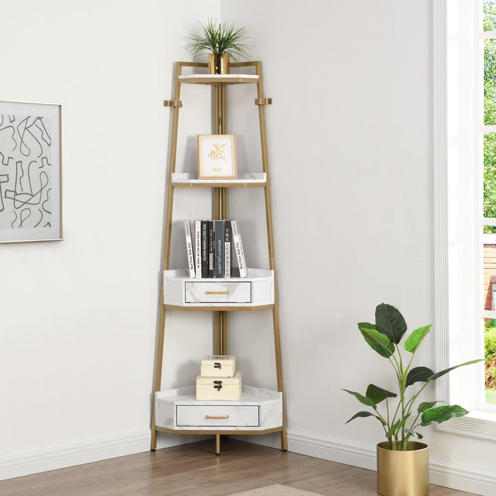 Corner Shelf with Two Drawers 72.64'' Tall, 4-tier Industrial Bookcase, GoldDTYStore