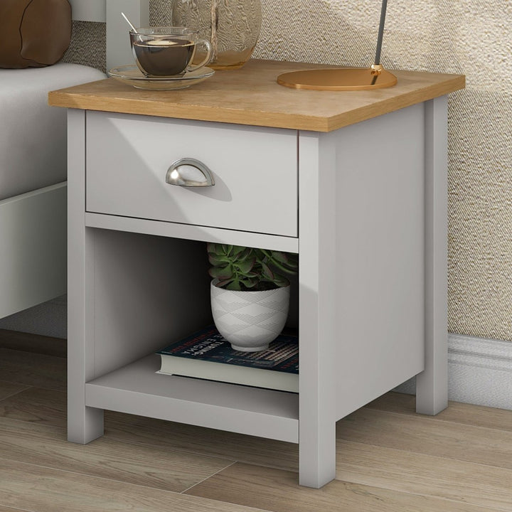 Country Gray Solid One Drawer Nightstand Side Table with Oak TopDTYStore
