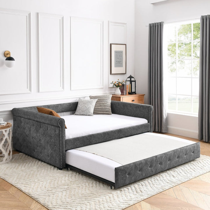 Daybed with Trundle Upholstered Tufted Sofa Bed, with Button and Copper Nail on Arms，Full Daybed & Twin Trundle, Grey（85.5“x57”x30.5“）DTYStore