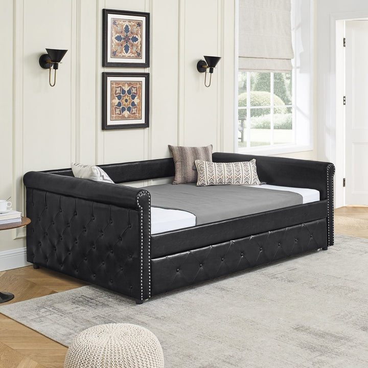 Daybed with Trundle Upholstered Tufted Sofa Bed, with Button and Copper Nail on Arms，Full Daybed & Twin Trundle, PU Black（85.5“x57”x30.5“）DTYStore