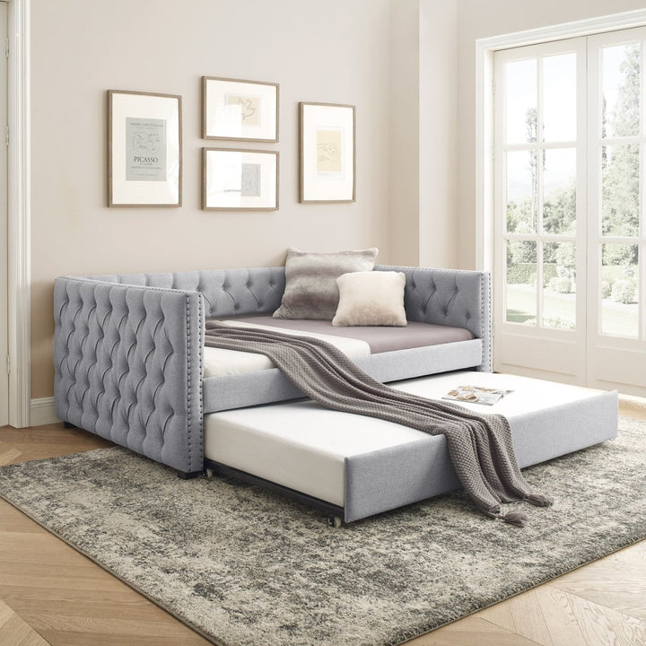 Daybed with Trundle Upholstered Tufted Sofa Bed, with Button and Copper Nail on Square Arms，Full Daybed & Twin Trundle, Grey（85“x57”x31.5“）DTYStore