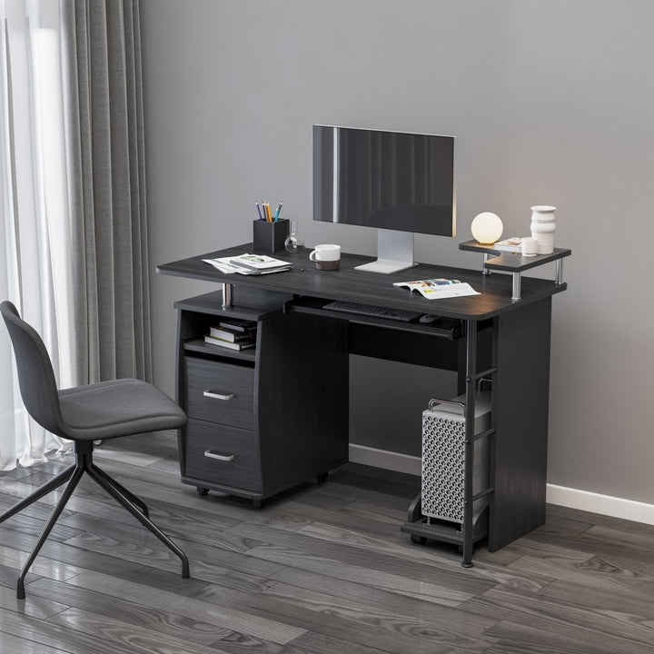D&N solid wood computer Desk,office table with PC droller, storage shelves and file cabinet , two drawers, CPU tray,a shelf used for planting, single , black. 47.24''L 21.65''W 34.35''HDTYStore