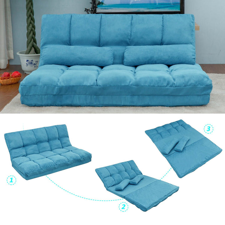 Double Chaise Lounge Sofa Floor Couch and Sofa with Two Pillows (Blue)DTYStore