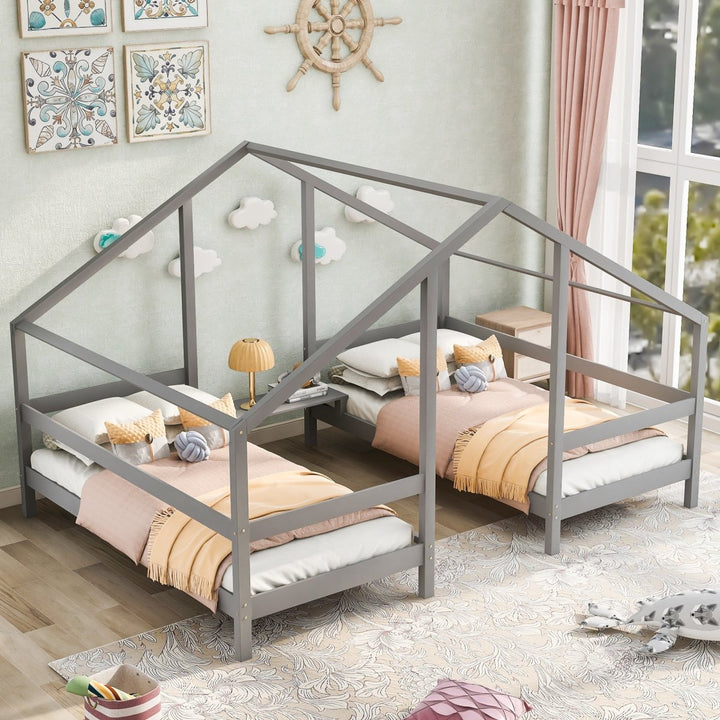Double Twin Size Triangular House Beds with Built-in Table,GrayDTYStore