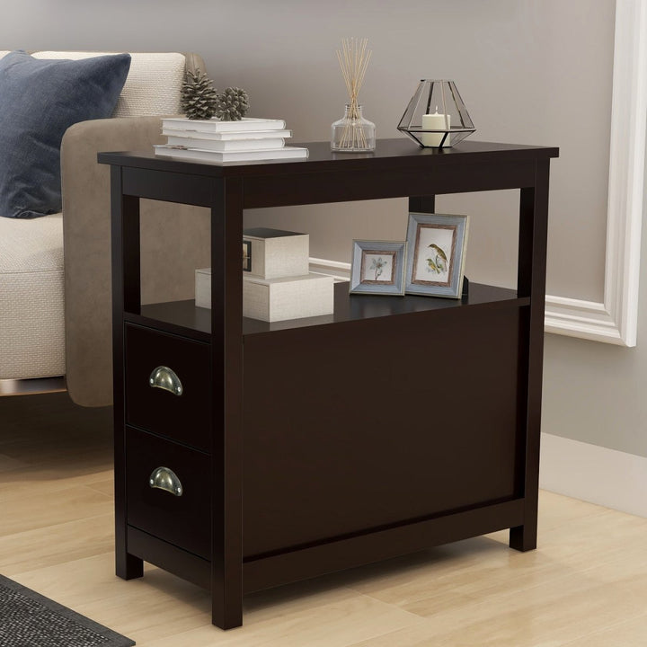End Table Narrow Nightstand With Two Drawers And Open Shelf-BrownDTYStore
