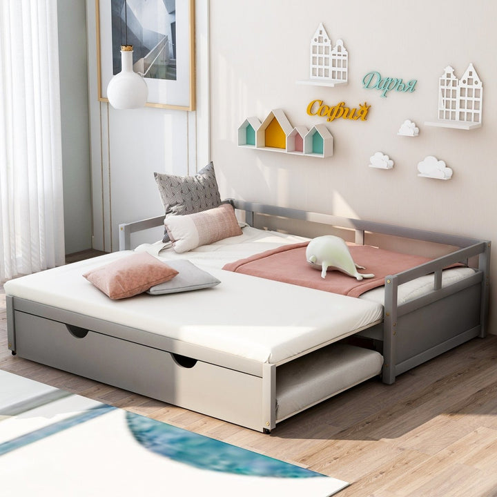 Extending Daybed with Trundle, Wooden Daybed with Trundle, GrayDTYStore