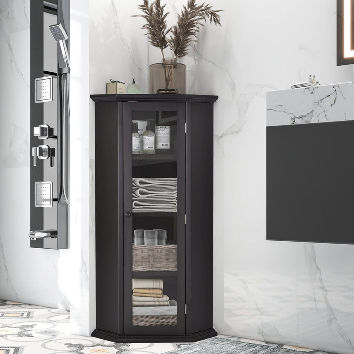 Freestanding Bathroom Cabinet with Glass Door, Corner Storage Cabinet for Bathroom, Living Room and Kitchen, MDF Board with Painted Finish, Black BrownDTYStore