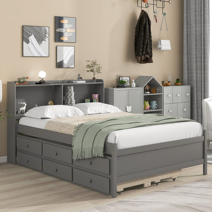 Full Bed with Bookcase,Twin Trundle,Drawers,GrayDTYStore