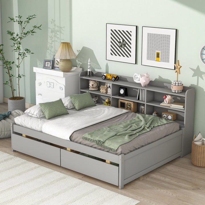 Full Bed with Side Bookcase, Drawers,GrayDTYStore