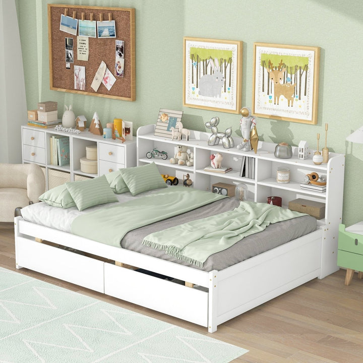 Full Bed with Side Bookcase, Drawers,WhiteDTYStore