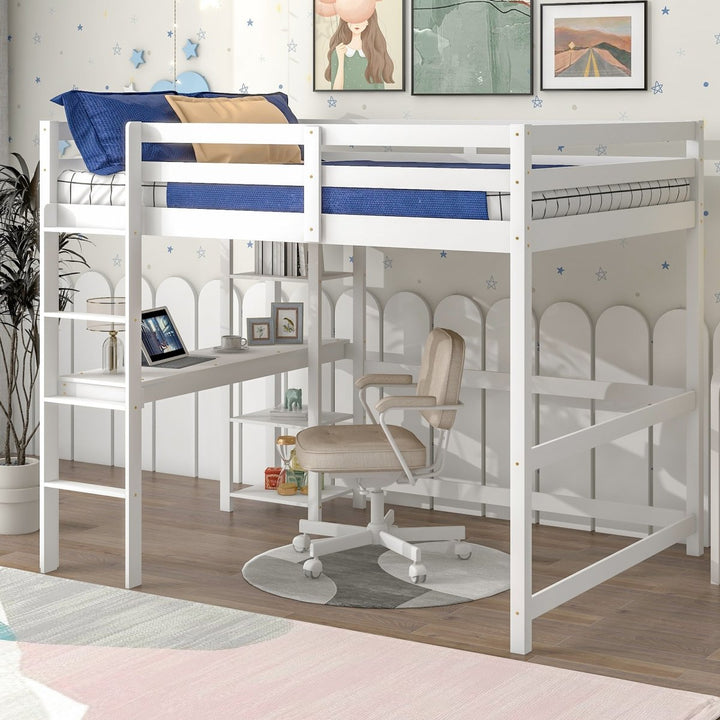 Full Loft Bed with Desk and Shelves,WhiteDTYStore