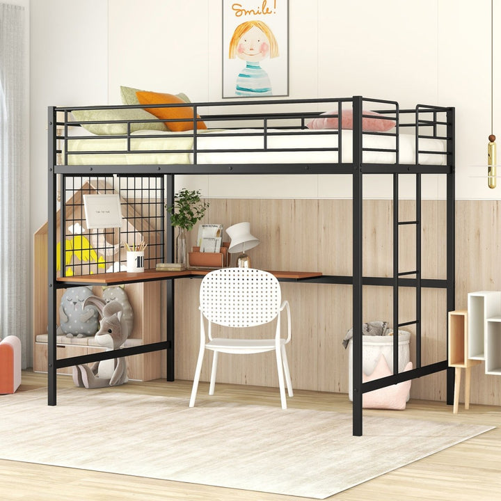 Full Metal Loft Bed with Desk and Metal Grid, BlackDTYStore