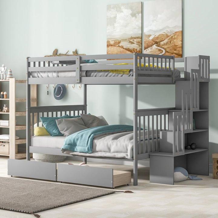 Full Over Full Bunk Bed with 2 Drawers and Staircases, Convertible into 2 Beds, the Bunk Bed with Staircase and Safety Rails for Kids, Teens, Adults, GreyDTYStore