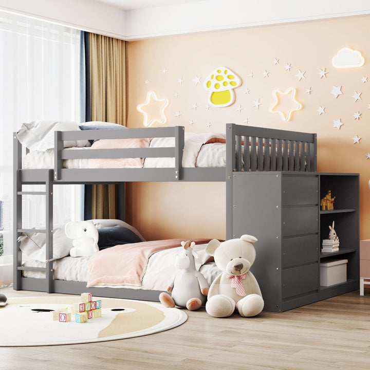Full over Full Bunk Bed with 4 Drawers and 3 Shelves-GrayDTYStore