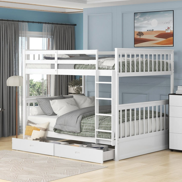 Full-Over-Full Bunk Bed with Ladders and Two Storage Drawers (White)DTYStore