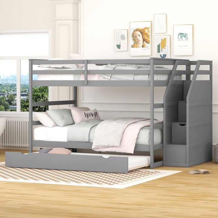 Full-over-Full Bunk Bed with Twin Size Trundle and 3 Storage Stairs,GrayDTYStore