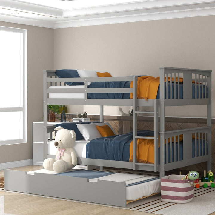 Full over Full Bunk Bed with Twin Size Trundle and Ladder-Gray(Old SKU: LP000204AAE)DTYStore