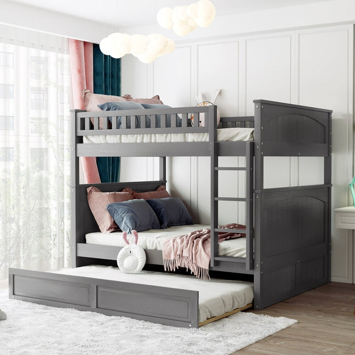 Full Over Full Bunk Bed with Twin Size Trundle, Pine Wood Bunk Bed with Guardrails, Brushed Gray(Old SKU：LP000044AAN)DTYStore