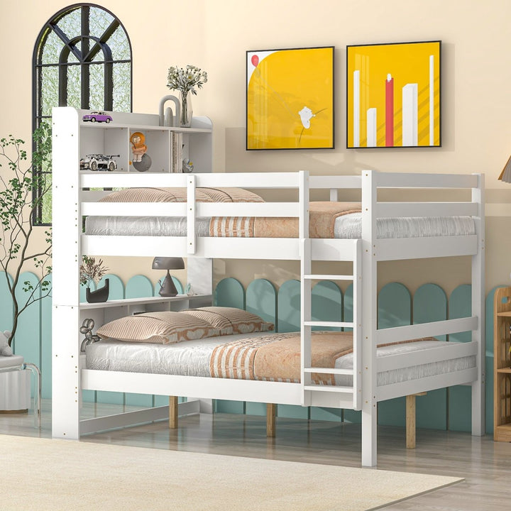 Full Over Full Bunk Beds with Bookcase Headboard, Solid Wood Bed Frame with Safety Rail and Ladder, Kids/Teens Bedroom, Guest Room Furniture, Can Be converted into 2 Beds, WhiteDTYStore