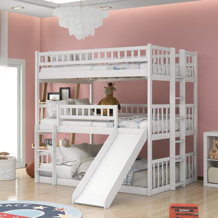 Full-Over-Full-Over-Full Triple Bed with Built-in Ladder and Slide , Triple Bunk Bed with Guardrails, White(OLD SKU :LP000052AAK)DTYStore