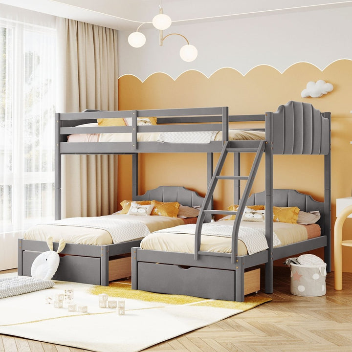 Full Over Twin & Twin Bunk Bed, Velvet Triple Bunk Bed with Drawers and Guardrails, GrayDTYStore
