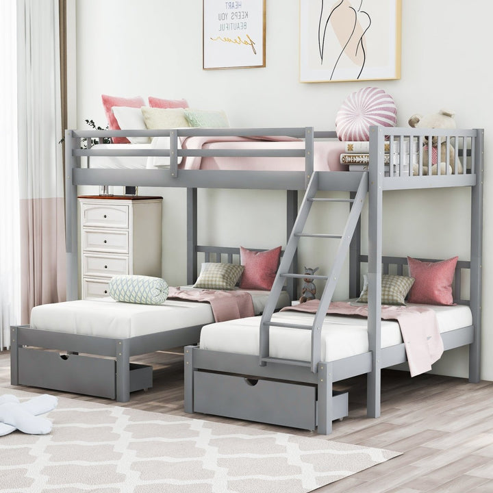 Full Over Twin & Twin Bunk Bed, Wood Triple Bunk Bed with Drawers and Guardrails, Gray (OLD SKU: LP000143AAE)DTYStore