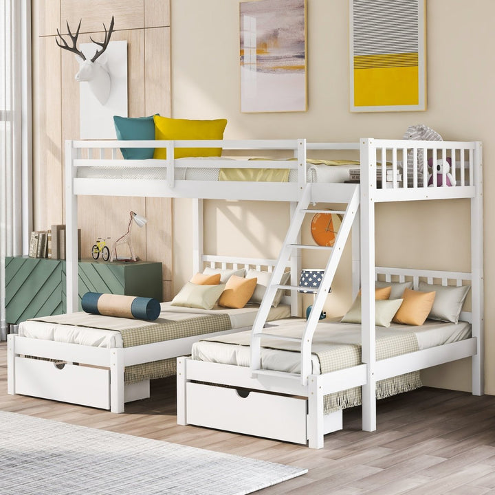 Full Over Twin & Twin Bunk Bed, Wood Triple Bunk Bed with Drawers and Guardrails, White (OLD SKU: LP000143AAK)DTYStore