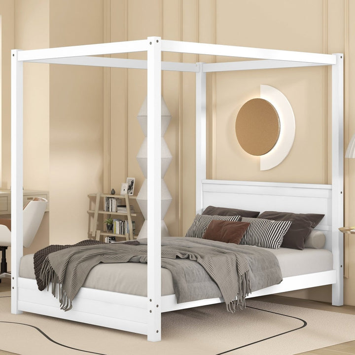Full Size Canopy Platform Bed with Headboard and Support Legs,WhiteDTYStore