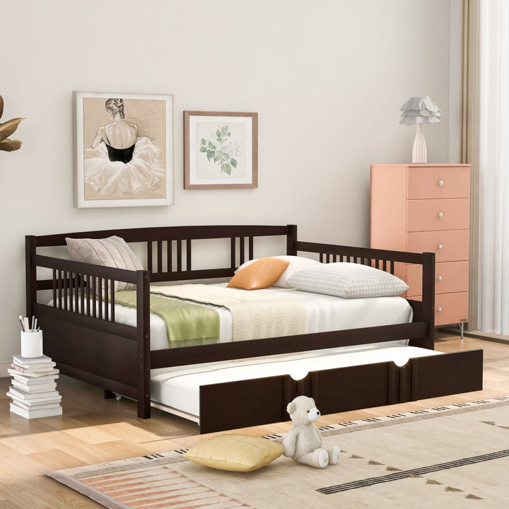 Full Size Daybed Wood Bed with Twin Size Trundle,EspressoDTYStore