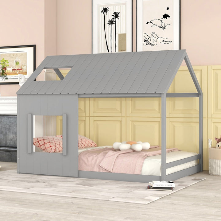 Full Size House Bed with Roof and Window - GrayDTYStore
