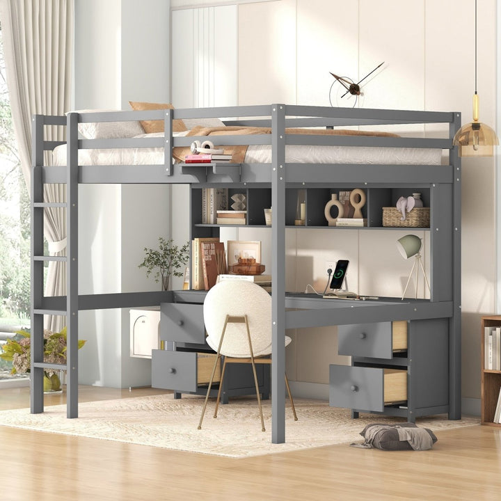 Full Size Loft Bed with Desk, Cabinets, Drawers and Bedside Tray, Charging Station, GrayDTYStore
