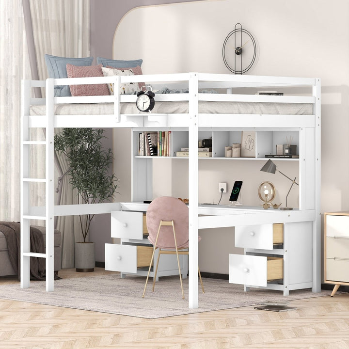 Full Size Loft Bed with Desk, Cabinets, Drawers and Bedside Tray, Charging Station, White(Expected Arrival Time: 6.3)DTYStore