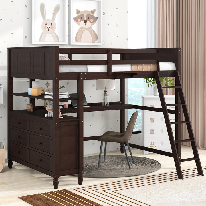 Full size Loft Bed with Drawers and Desk, Wooden Loft Bed with Shelves - Espresso(OLD SKU:LT000529AAP)DTYStore