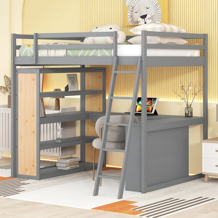 Full Size Loft Bed with Ladder, Shelves, and Desk, GrayDTYStore