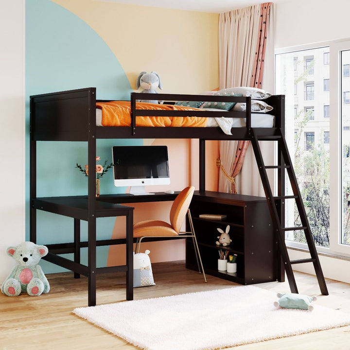 Full size Loft Bed with Shelves and Desk, Wooden Loft Bed with Desk - EspressoDTYStore