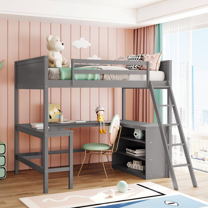 Full size Loft Bed with Shelves and Desk, Wooden Loft Bed with Desk - GrayDTYStore