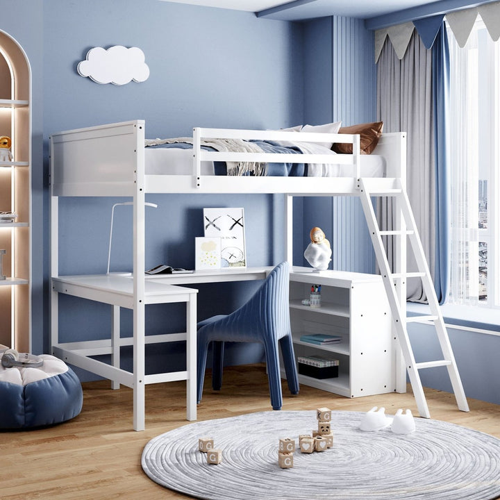 Full size Loft Bed with Shelves and Desk, Wooden Loft Bed with Desk - WhiteDTYStore