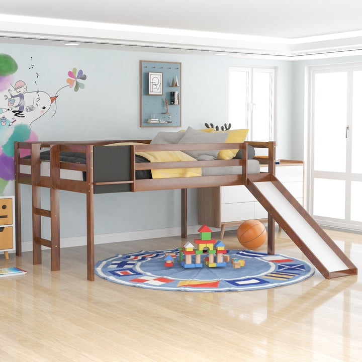 Full size Loft Bed Wood Bed with Slide, Stair and Chalkboard,Walnut（Old SKU:WF282116AAL）DTYStore