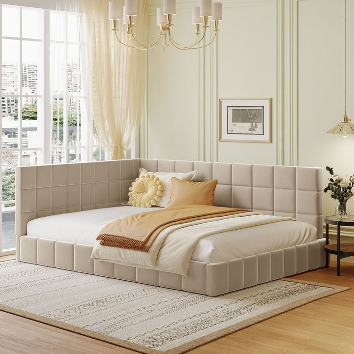 Full Size Upholstered Daybed/Sofa Bed Frame-Beige, VelvetDTYStore