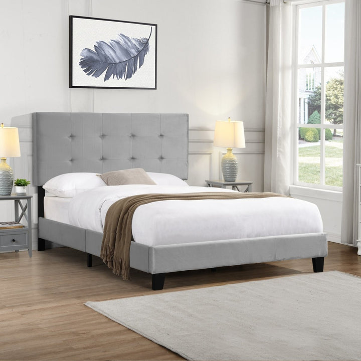 Full Size Upholstered Platform Bed Frame with pull point Tufted Headboard, Strong Wood Slat Support, Mattress Foundation, No Box Spring Needed, Easy Assembly, GrayDTYStore