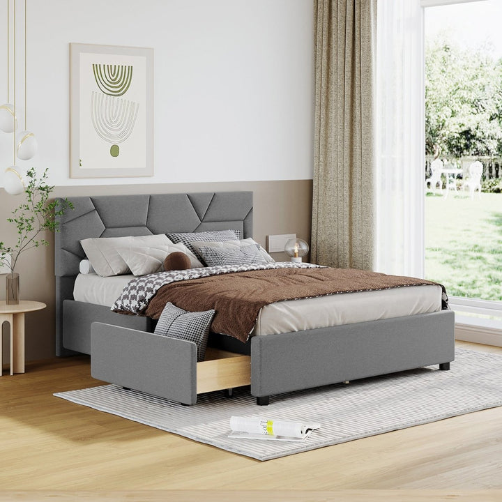 Full Size Upholstered Platform Bed with Brick Pattern Heardboard and 4 Drawers, Linen Fabric, GrayDTYStore